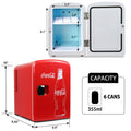 Coca-Cola Classic 4L Mini Fridge w/ 12V DC and 110V AC Cords, 6 Can Portable Cooler, Personal Travel Refrigerator for Snacks Lunch Drinks Cosmetics, Desk Home Office Dorm, Red